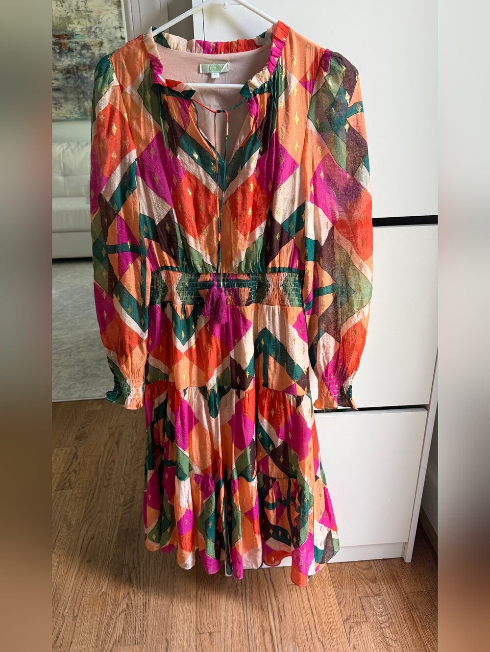 Jade Multicolor Geometric Midi Dress V-Neck Long Sleeve Tassel Tie size XS